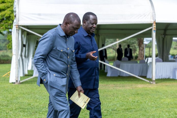 Kenyan President William Ruto, Ugandan President Yoweri Museveni, and ODM leader Raila Odinga engage in discussions in Uganda on Monday, February 26, 2024.