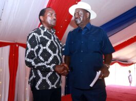 Wiper leader Kalonzo Musyoka and Azimio leader Raila Odinga pay their respects at the funeral of Wille Mulwa Muasya in Kitui County on February 11, 2024.